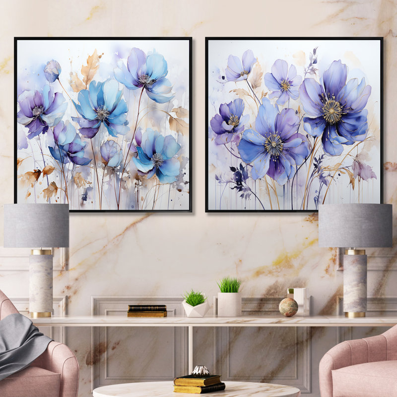 Colourful Tranquil Petals - Abstract Square Collage Set Of 2, Black Floater Framed, 16" H x 33" W