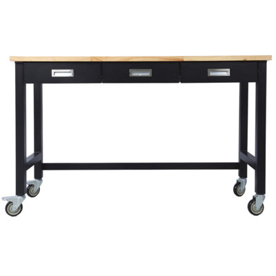Banc de travail robuste en bois de bambou 60 po avec rangement de tiroir et roulettes pour le garage, la maison et le bureau