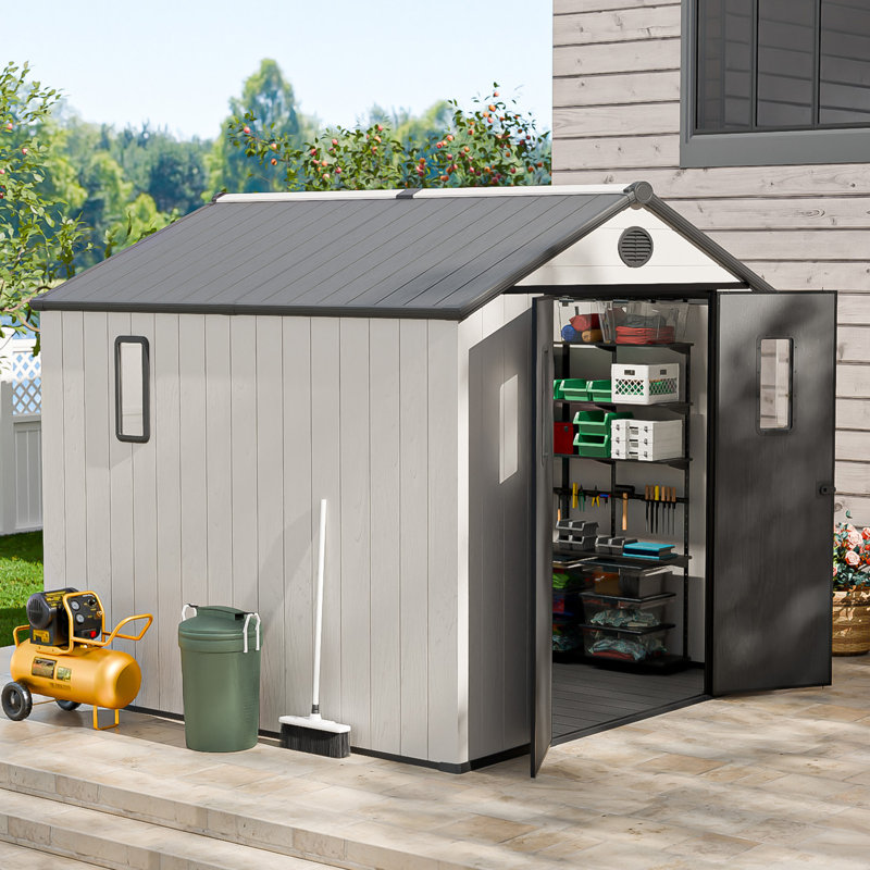 8x8 ft. Resin Outdoor Storage Shed with Floor and Double Doors for Garden Patio Furniture and Tools, Gray/White