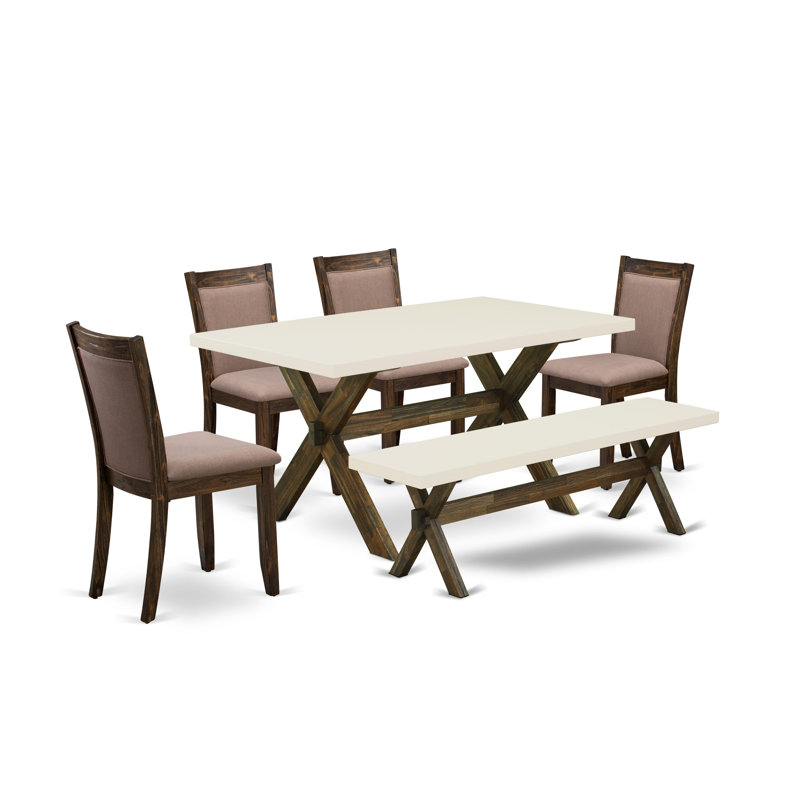 L'ensemble de table de salle à manger 6 pièces contient une table rectangulaire avec des pieds en X et 4 chaises rembourrées en tissu de lin avec un banc, Jacobean patiné