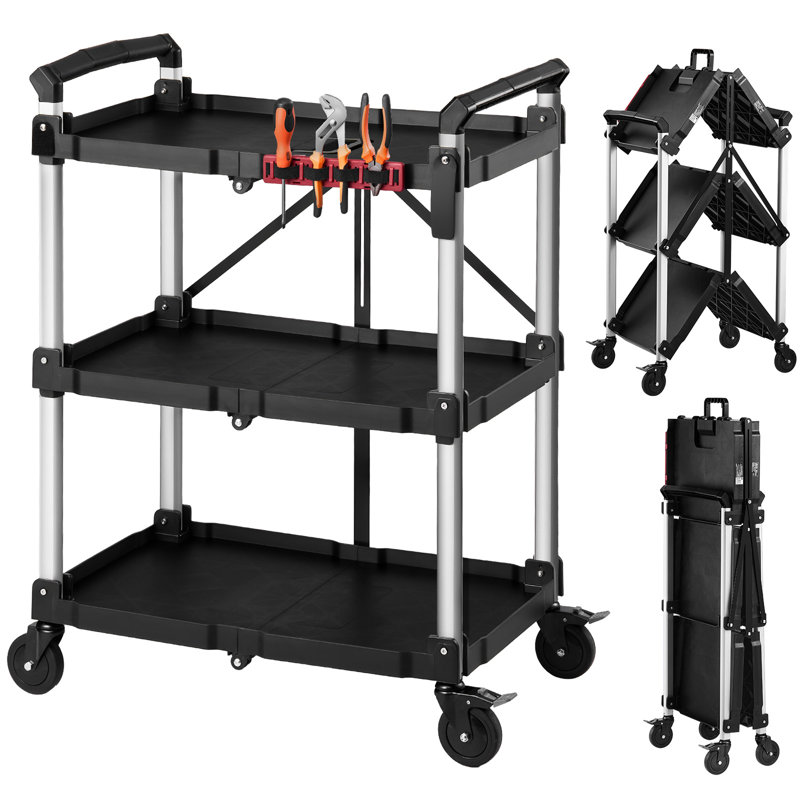 Chariot utilitaire, capacité de 136 kg, chariot de service pliable à 3 niveaux avec roues pivotantes à 360° (dont 2 avec freins), robuste, équipé de plateaux et d'un porte-outils latéral, idéal pour le rangement d'outils dans un garage, un entrepôt ou un atelier.