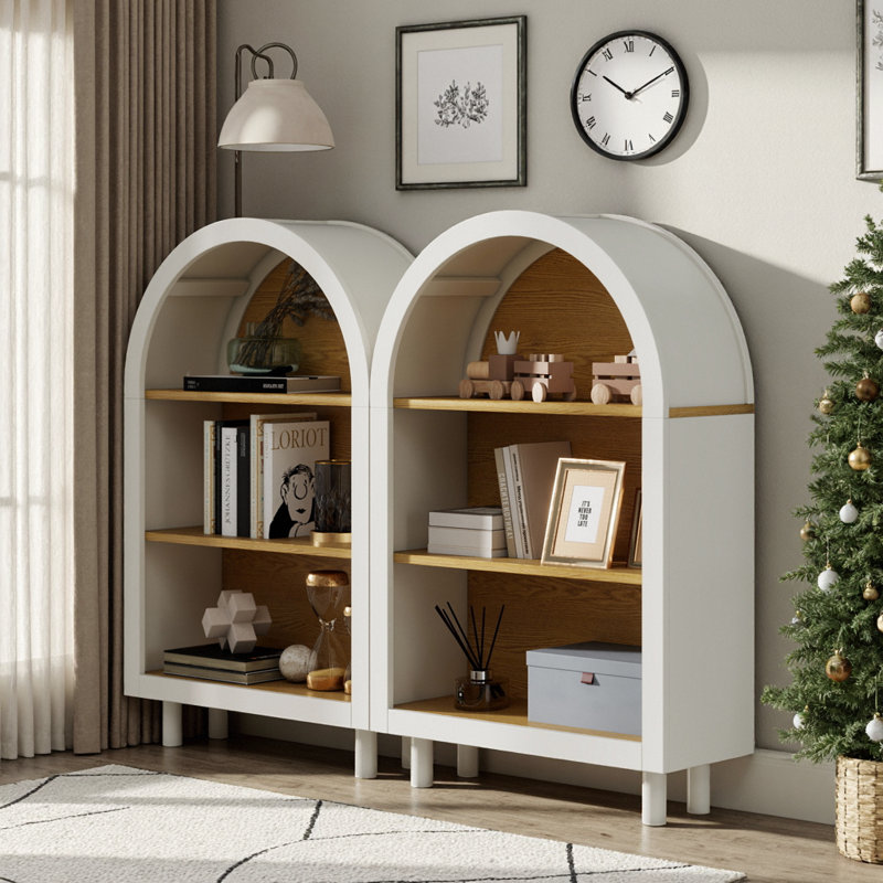Petite bibliothèque arquée avec 2 armoires de rangement en bois à 3 niveaux pour l'organisation de la maison