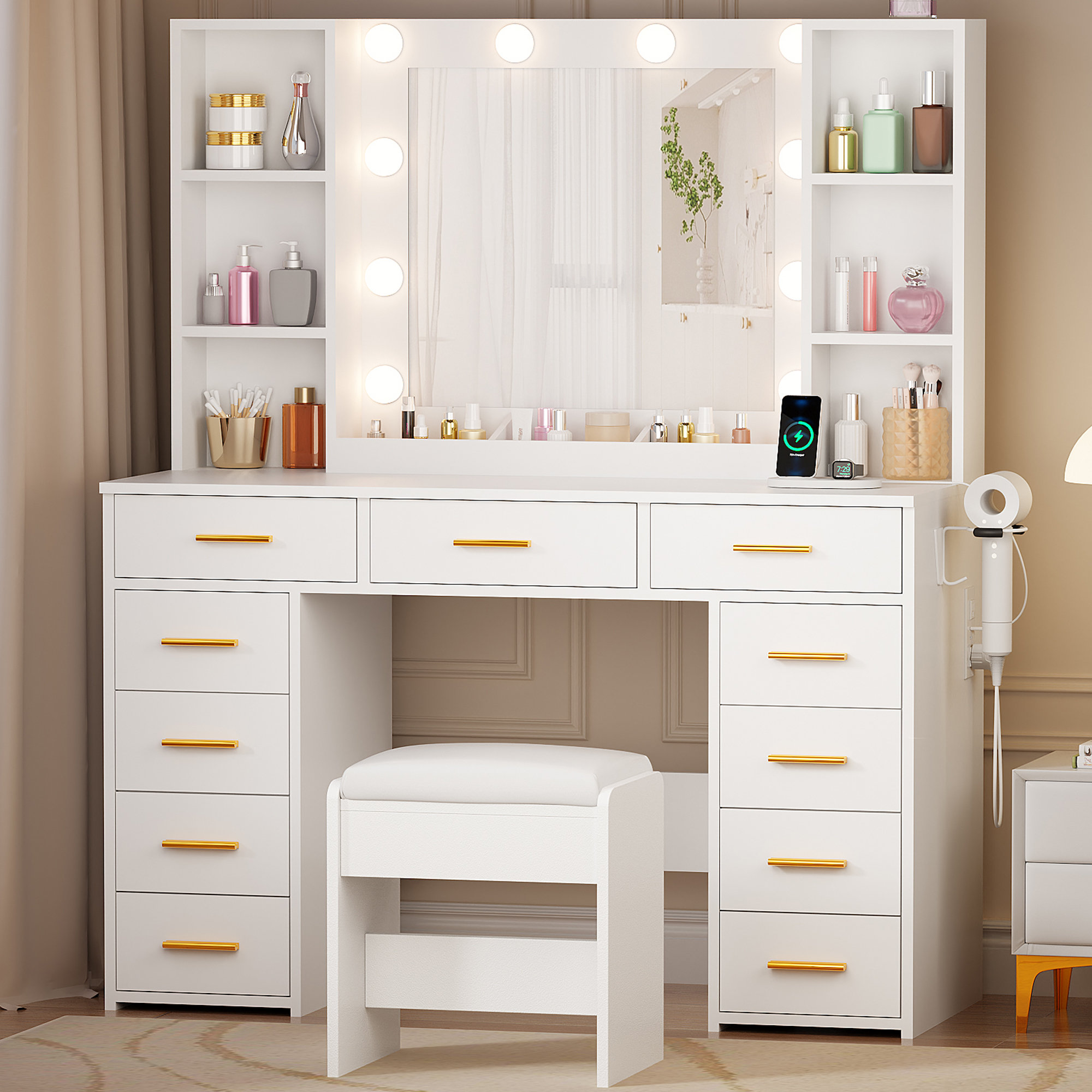 Latitude Run® Adriel Makeup Vanity With Lights & 11 Drawers & Reviews | Wayfair