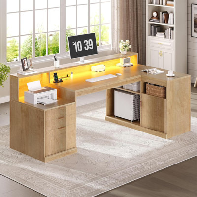 64.4" Modern L Shaped Desk With Drawers, Fluted Home Office Desk With Led Lights And Power Outlets, Wood Executive Desk With File Cabinet Monitor Stand, Oak