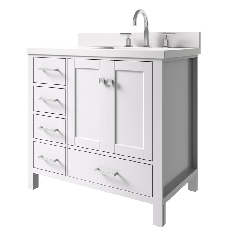 Cambridge 37'' W Single Vanity, White, Pure White Quartz, Rectangular