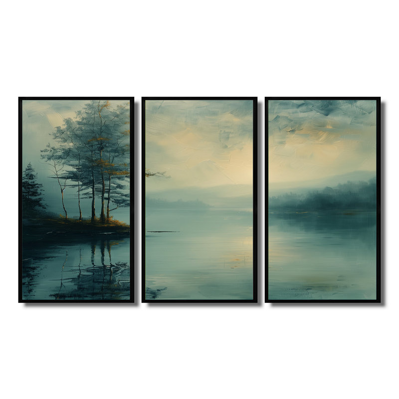 Brouillard d'hiver, paysage de lac romantique, ensemble de salon Wall Art, H 32 po x l 48 po x P 1 po