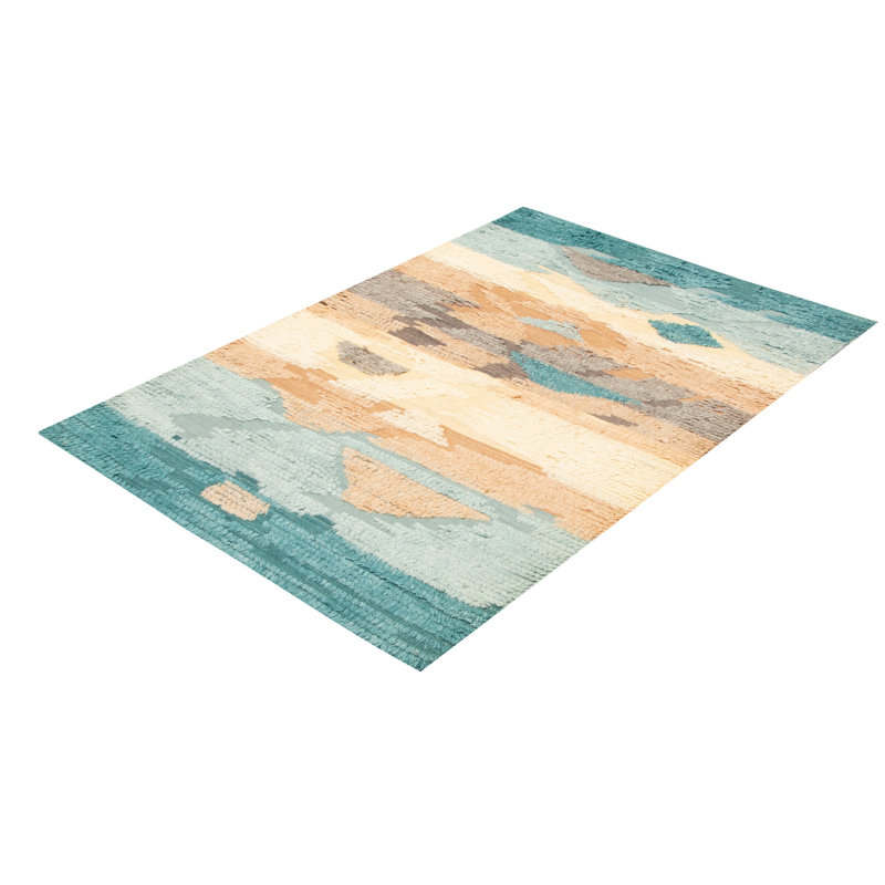 Tapis ivoire / bleu sarcelle marocain rectangulaire en laine noué à la main 5 pi x 8 pi 2 po