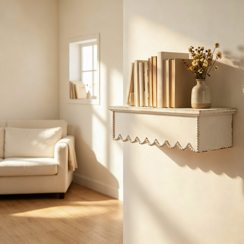 Rustic Distressed White Scalloped Shelves with Beaded Edge