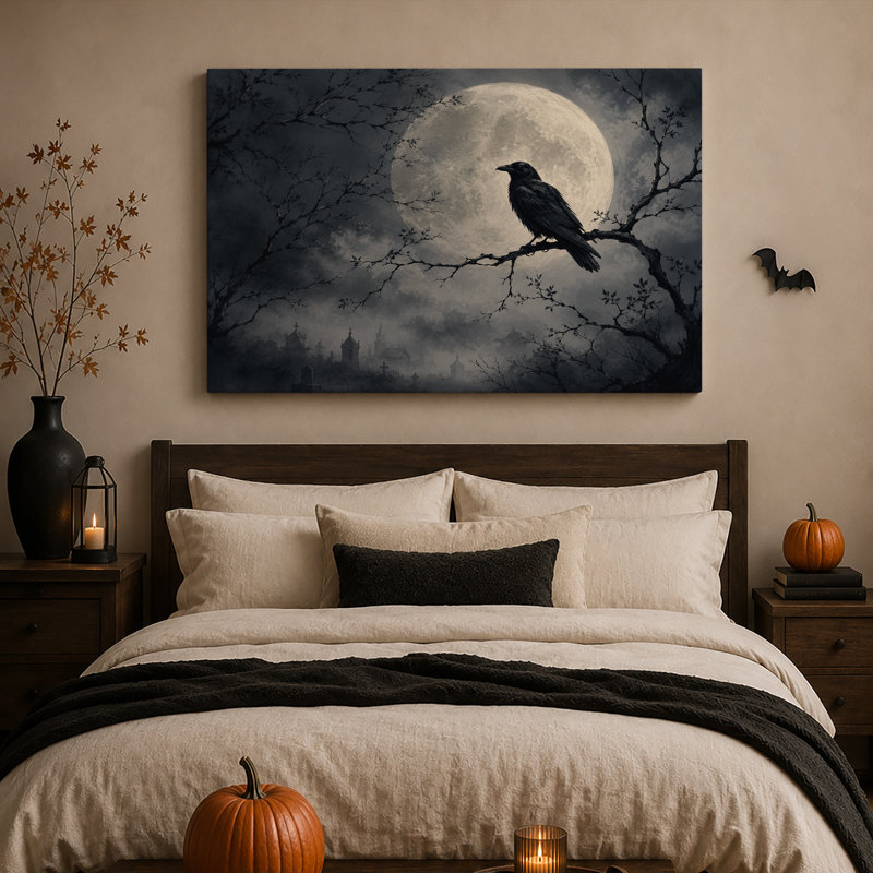 Art mural sur toile d'Halloween, corbeau noir perché sur une branche sous la pleine lune, H 12 po x l 18 po