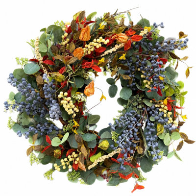 Couronne artificielle de 66 cm (26 po) de feuillage et de baies d'automne mélangés pour porte d'entrée, décoration murale intérieure de style ferme pour les récoltes d'automne et Thanksgiving