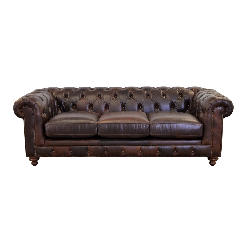 Canapé Chesterfield à accoudoirs roulés en cuir véritable 95 po Sirvon, Cuir véritable brun Brompton