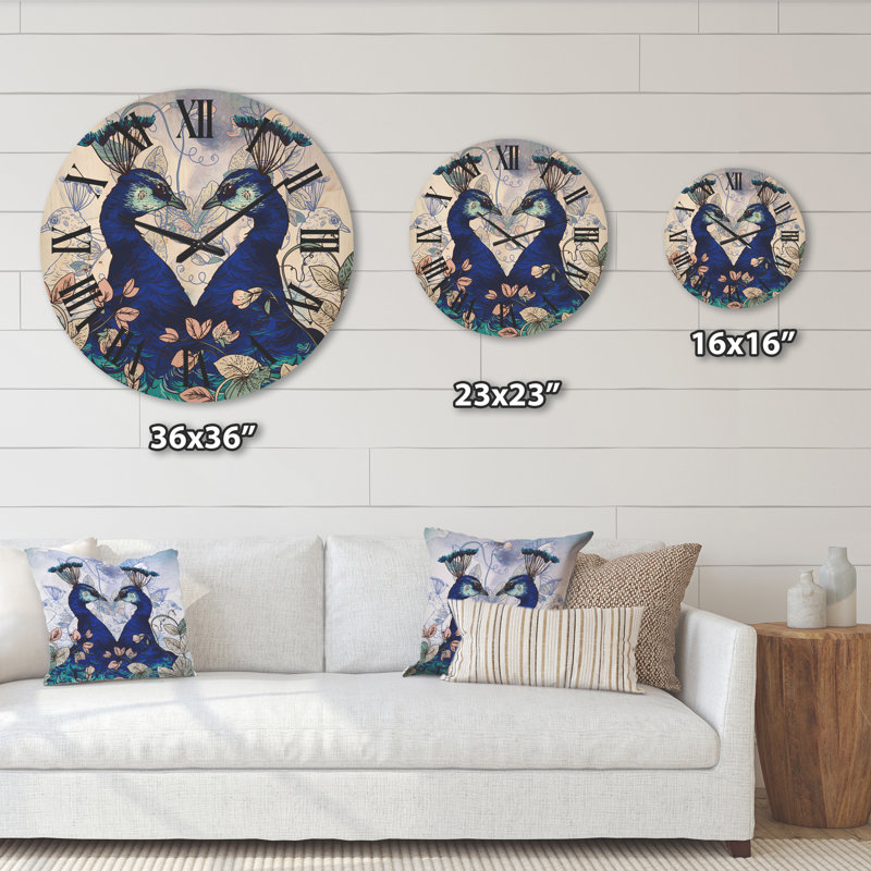 Horloge murale en bois deux paons avec fleurs sauvages, Très grand