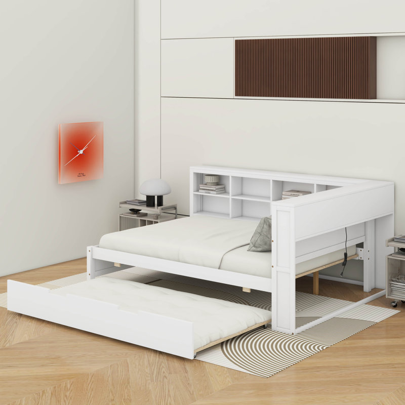 Lit de jour double avec lit gigogne, tablette et port USB, Blanc