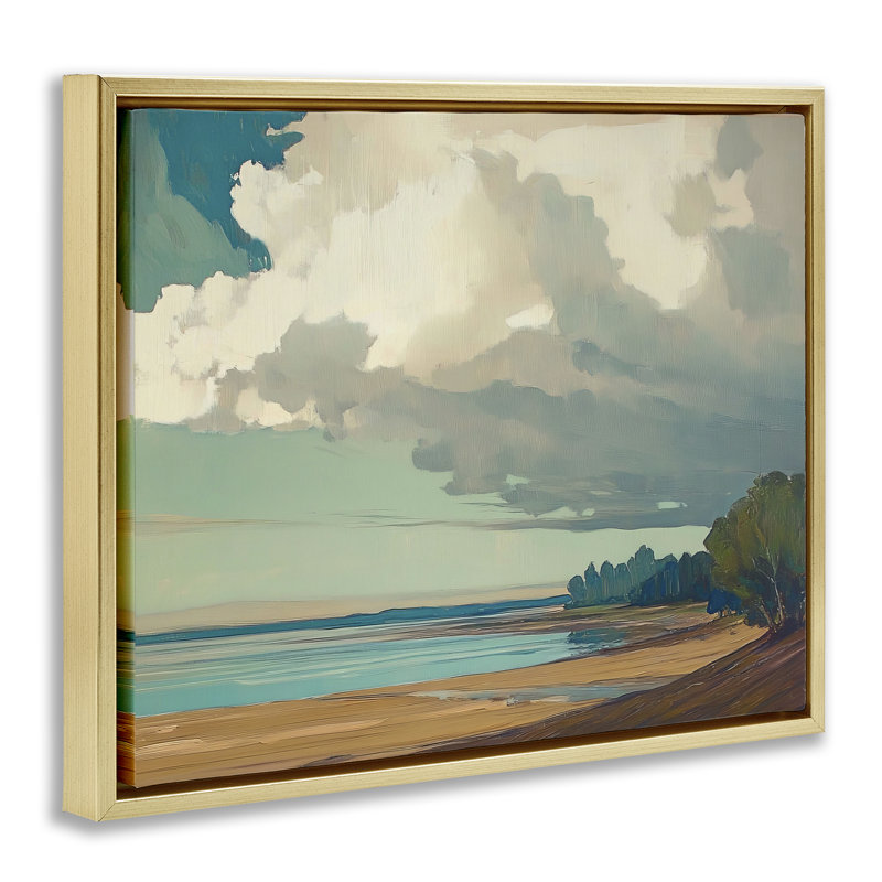 «Sunlit Clouds over Beach», art mural encadré flottant brun, H 17 po x l 21 po, Cadre flottant métallique doré