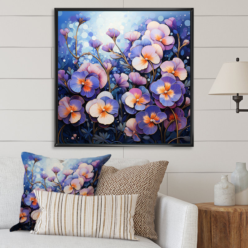 Purple Pansies Field Pointillism Dot II - Floral Canvas Wall Art, H 30 po x l 30 po x P 1 po, Cadre flottant noir