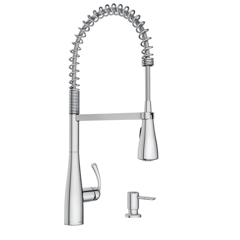 Moen Essie Pre-Rinse Spring Pull Down Single Handle Kitchen Faucet with Power Clean Technology and Soap Dispenser, Chrome