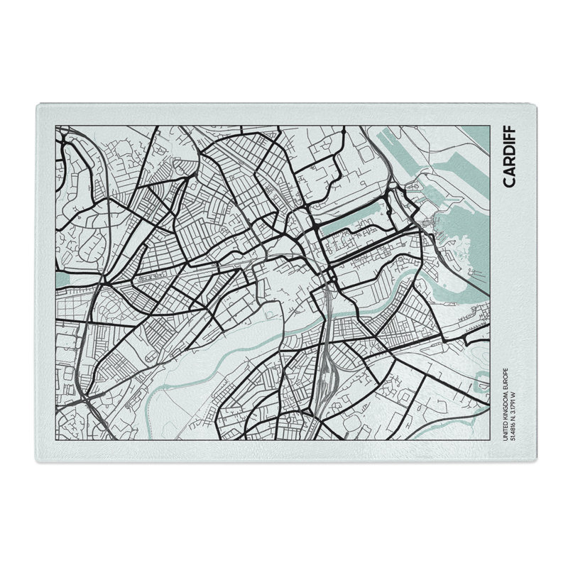 Map Cardiff UK Chopping Board, 28.5cm W x 39cm L