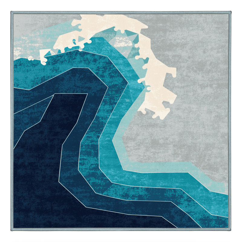 Tapis géométrique bleu et moderne lavable à la machine Roslindale, Carré 6 pi