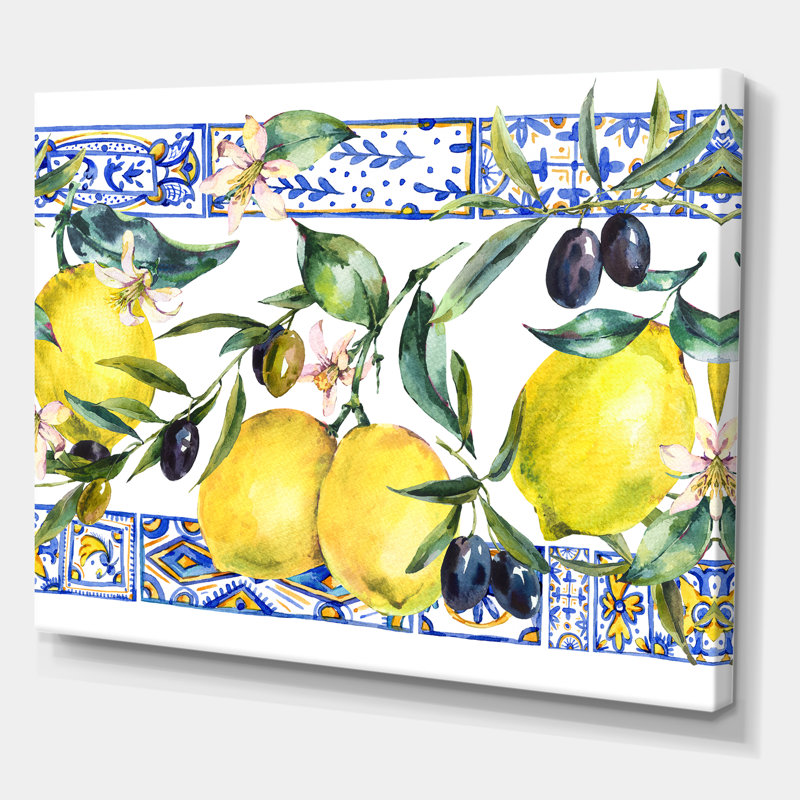 Ornement de citron sur motif géométrique bleu II - impression sur toile tendue, H 24 po x l 32 po x P 1 po