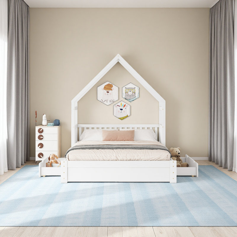 Lit plateforme en bois avec garde-corps et 2 tiroirs Wood House, Blanc