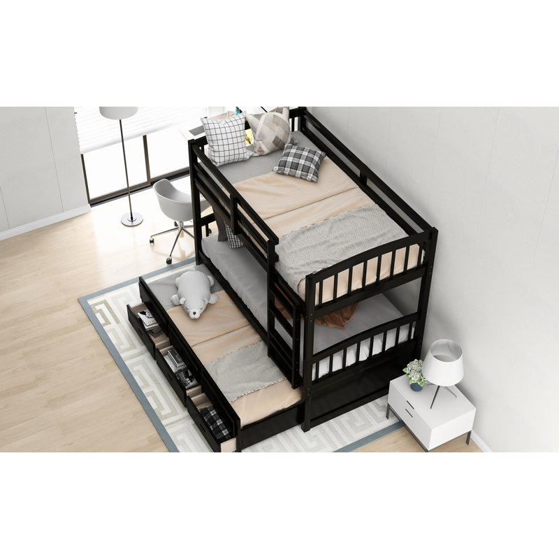 Lit simple superposé au-dessus d'un lit gigogne avec couchette en bois, Espresso