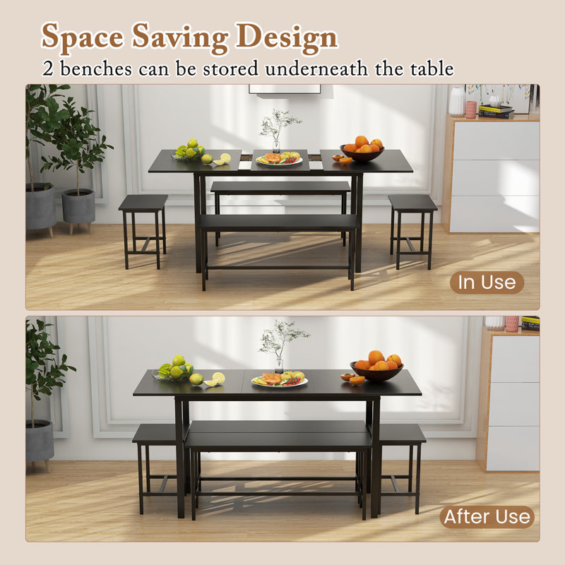 Dining Table Set 5 Piece Kitchen Table Set With Extendable Table 2 Benches & 2 Stools Space-saving Design Modern Dinette Set For Kitchen Dining Room Restaurant Accommodate 4-6 People