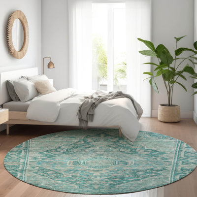 Machine Washable Indoor/Outdoor Xhevrie Teal Rug