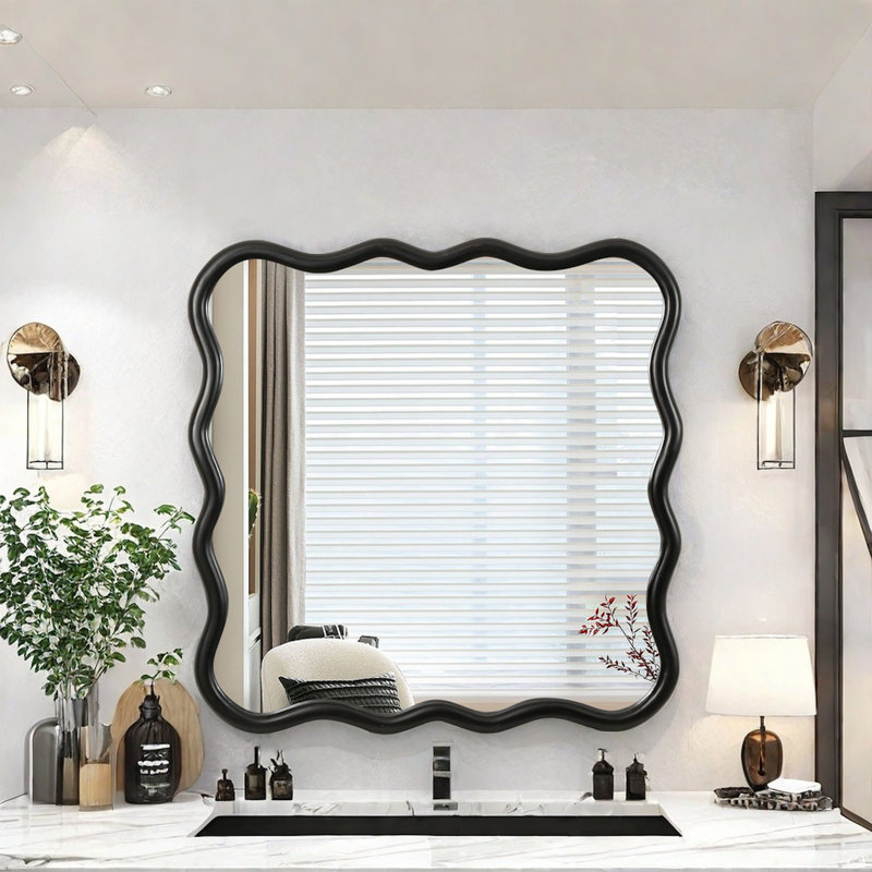 Miroir carré ondulé en bois massif - Décoration murale moderne pour salle de bain, chambre à coucher, salon, salle à manger, vestiaire, vestibule