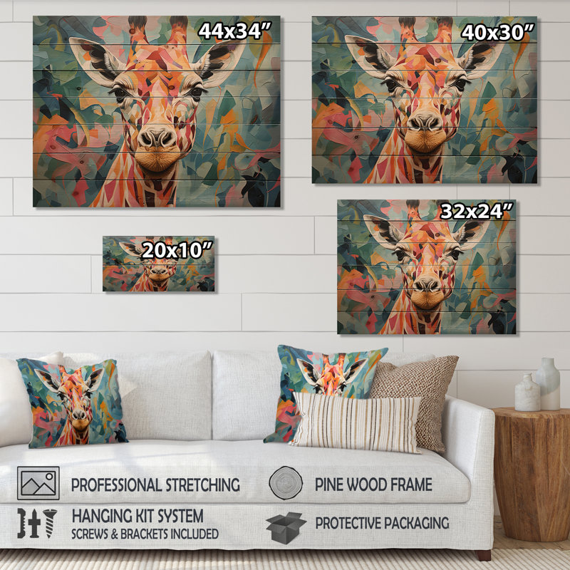Portrait de girafe orange et verte - Animal girafe sur bois, H 34 po x l 44 po