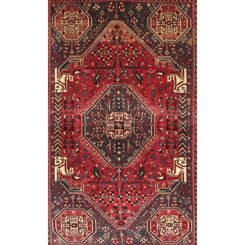 Tapis traditionnel rouge / beige / noir, Rectangle 7 pi x 10 pi