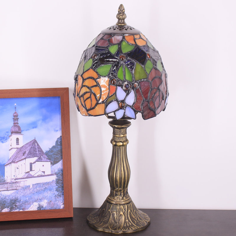 Small Tiffany Lamp Mini Accent Table Lamp Stained Glass Desk Memory Lamp Sympathy 6X14.6 Inch (Red Yellow Rose Style)