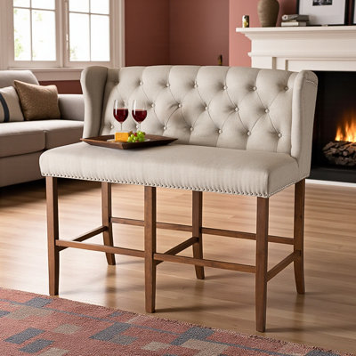 Entreat Upholstered Wood Bar Stool Bench in Beige/Brown, 45.82'' H X 47.42'' W X 25.45'' D