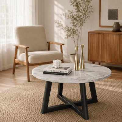 Bridgeview - Modern Round Coffee Table with Faux Marble and Black Wood Legs