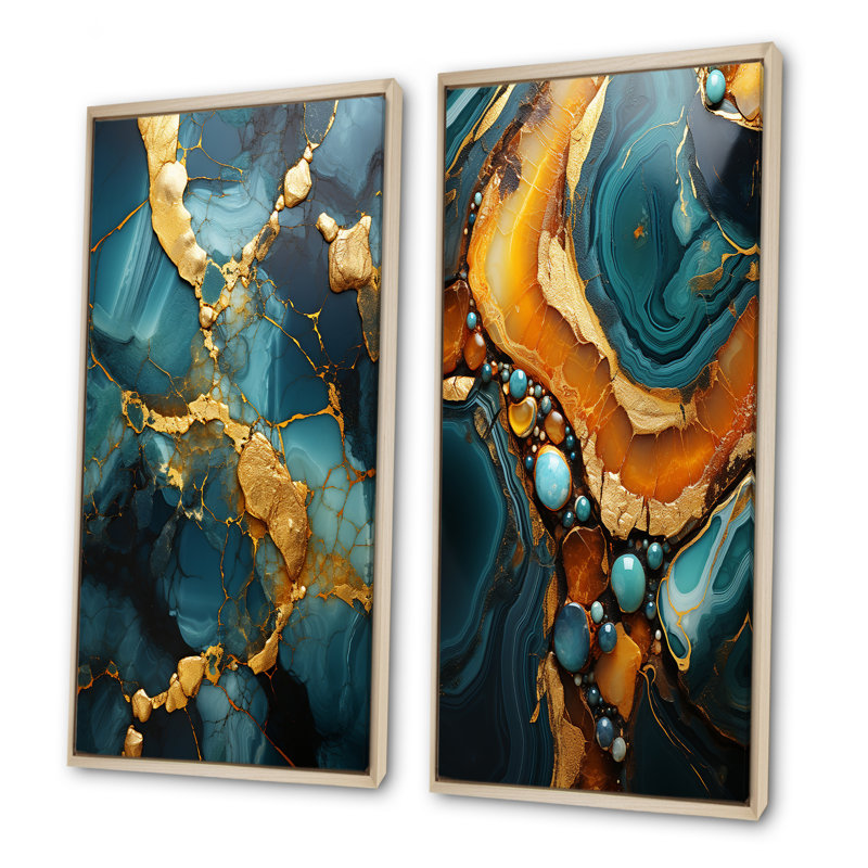 Agate topaze dorée et verte granite IV - ensemble de salon abstrait 2 pièces, H 32 po x l 33 po, Cadre flottant brun