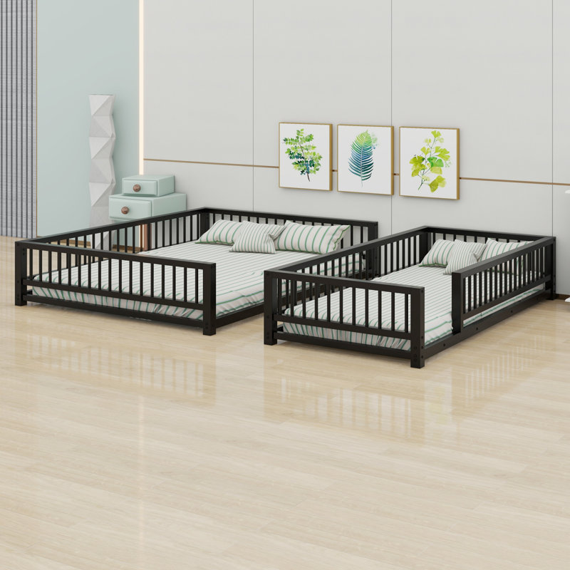 Floor Bunk Bed Frame With Ladder And Safety Guardrails, Black, Twin Over Queen