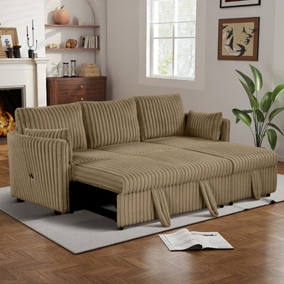 85" Oversiezed Pull Out Sofa Bed, Corduroy Sleeper Sofa, 2 Pillows, USB Ports