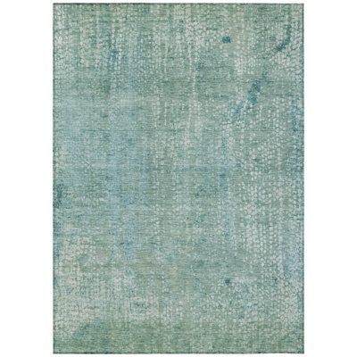 5' X 8' Teal Blue And Ivory Abstract Washable Indoor Outdoor Area Rug