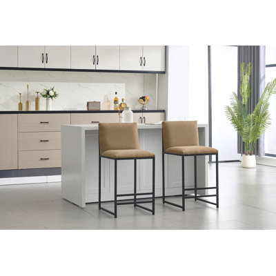 Counter Height Bar Stools Set Of 2, Upholstered Linen Bar Chairs, Metal Footrest And Frame For Kitchen,Dining Room