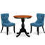Ensemble de coin repas 3 pièces pour petits espaces comprenant une table de salle à manger ronde avec piédestal et 2 chaises Parson rembourrées en tissu bleu, 30 po x 30 po, noir et cerisier-1650879610