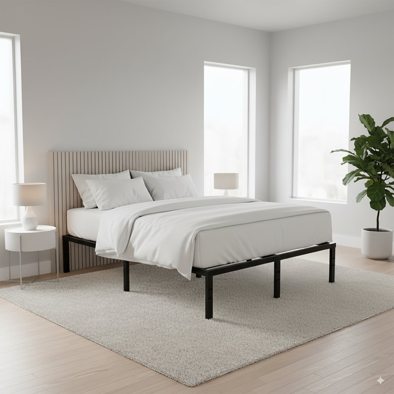 Base de lit en métal pleine grandeur - plateforme en acier robuste, hauteur de 14 po, conception silencieuse, aucun sommier tapissier requis, rangement sous le lit - 190 x 137 cm (noir)