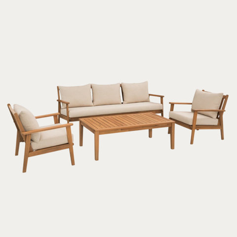Outdoor patio furniture set with sofa, coffee table, and chairs.