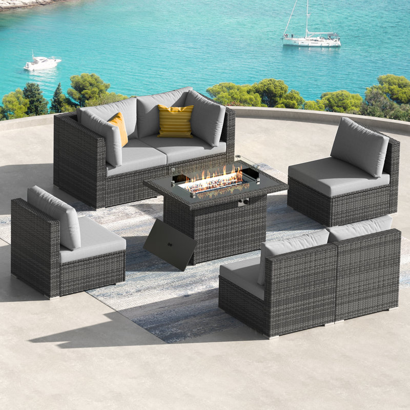 High Back 7 Piece Wicker Patio Conversation Furniture Set with Fire Pit Table and Cushions, Sectional Deep Seating Group
