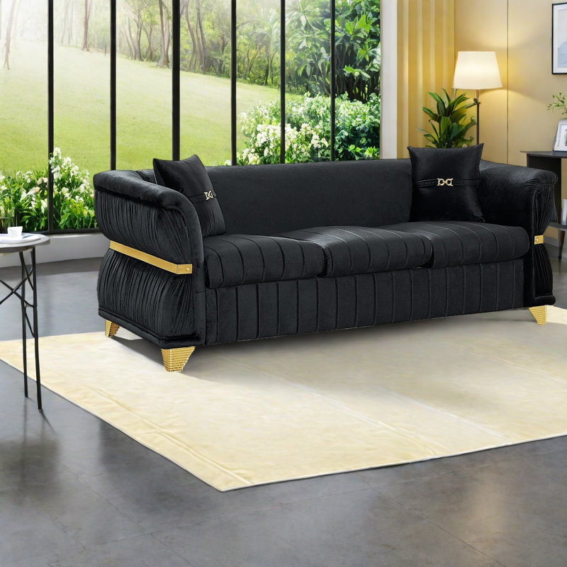 Modern Sofas, 83.5 Inch Black Velvet Gold Metal Trim For Home