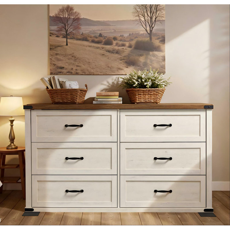 54" W Dresser With 6 Drawers, Modern Farmhouse Chest Of Drawers For Bedroom, Tv Stand, For Living Room, White/Brown