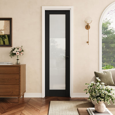 Porte pré-suspendue intérieure 24 po x 80 po en verre givré 1-Lite avec charnières noires, dalle de porte d'intimité en verre avec cadre, insonorisant et imperméable, combinaison pour la lessive, portes de placard, portes de chambre, main gauche