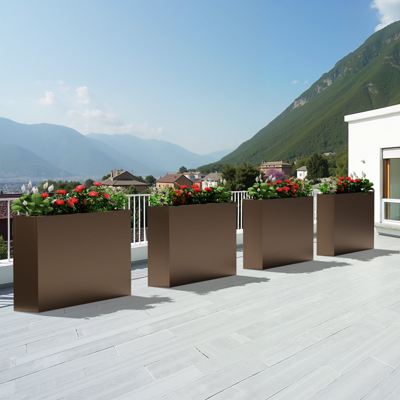 Jardinières rectangulaires en métal pour plantes d'extérieur, H 28 po x l 36 po x P 9 po, Brun