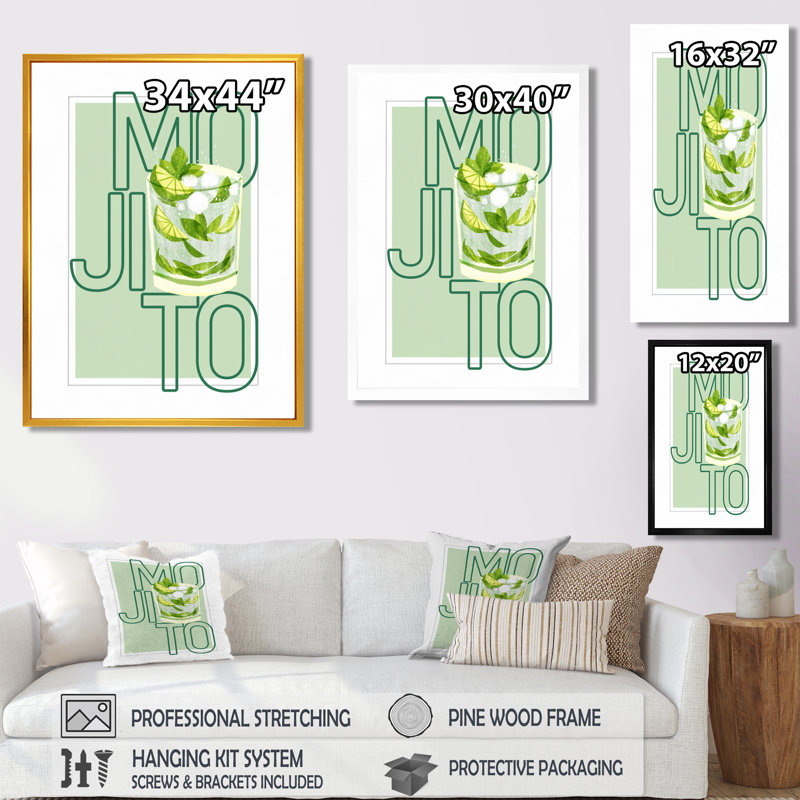 Mojito Traditional Cuban Punch III - Art mural cocktails, H 20 po x l 12 po x P 1 po, Toile encadrée noire simple