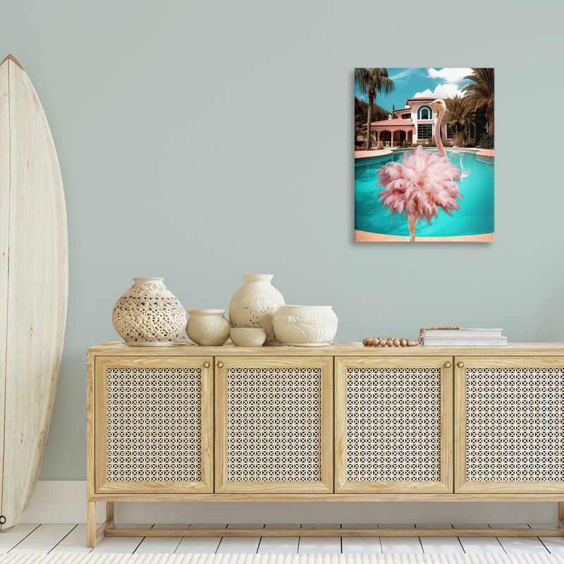 Art mural en toile d'autruche rose à plumes par Ziwei Li, H 30 po x l 24 po x P 1,5 po