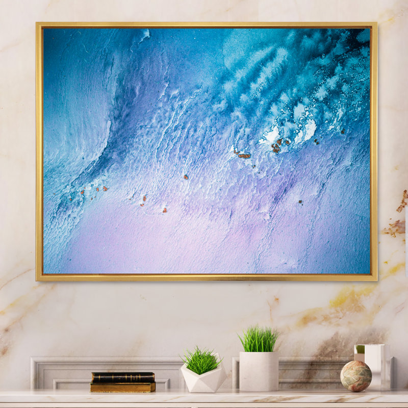 Mauve et bleu marbré fluide, reproduction d'art sur toile, H 12 po x l 20 po x P 1 po, Toile encadrée flottante dorée