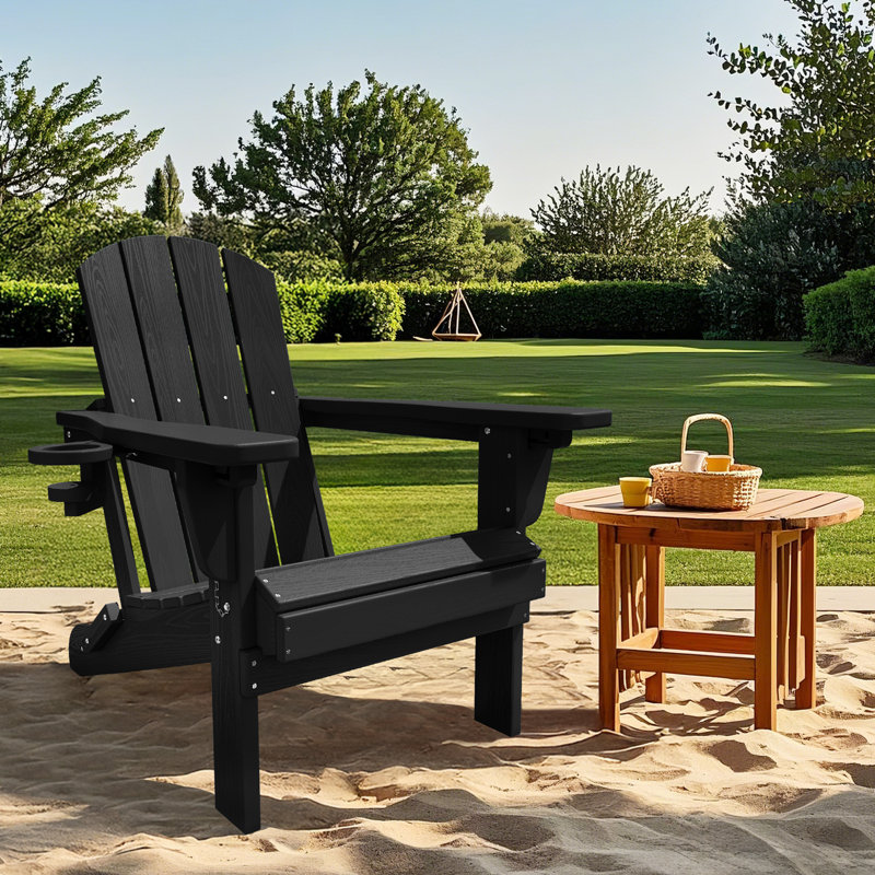 HDPE Outdoor 3-Position Adjustable Backrest Adirondack Chair with Cup Holder and Foldable Design, Black